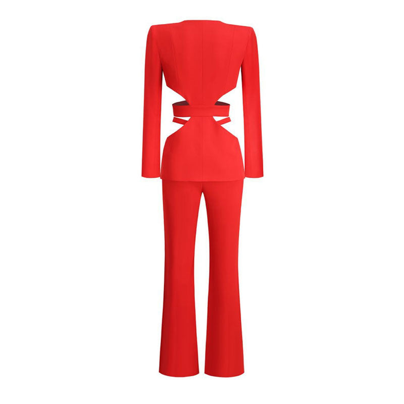 Sexy Side Cutout Long Sleeve Plunging Neck Tailored BlazerMatching Set - Red