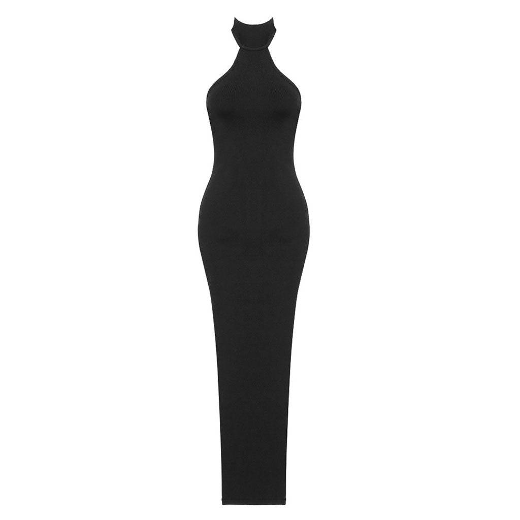 Sexy, einfarbiges Neckholder-Maxi-Abendkleid mit offenem Rücken, Schlitz und hohem Bund