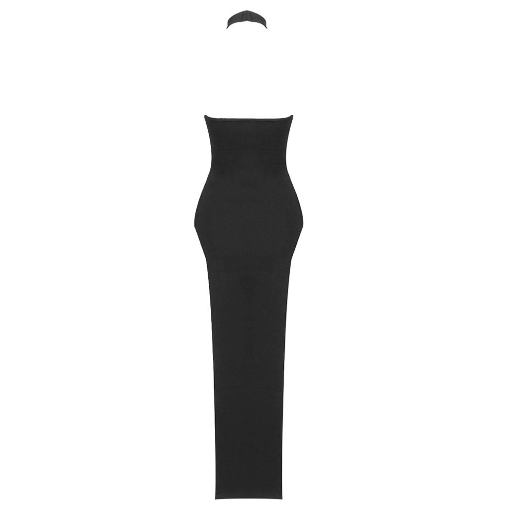 Sexy Solid Halter Neck Open Back Split High Bodycon Bandage Maxi Evening Dress