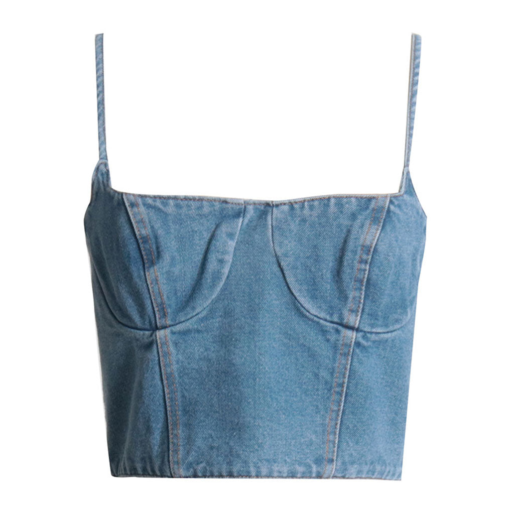 Sexy Bustier-Tanktop aus Denim mit Spaghettiträgern und gesmoktem Rücken