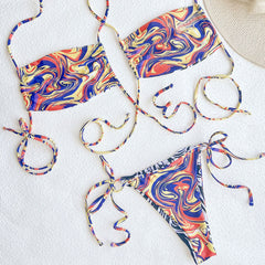 Spiral Printed Tie String Wrap Halter Brazilian Two Piece Bikini Swimsuit