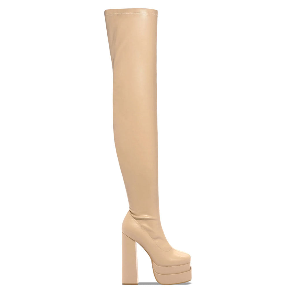 Sexy Square Toe Over Knee Platform Chunky Heeled Boots - Apricot