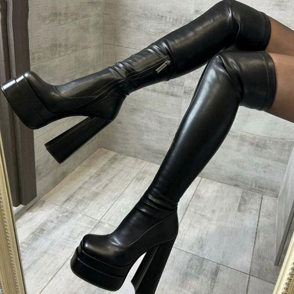 Botas sexis de tacón grueso con plataforma y punta cuadrada por encima de la rodilla - Negras