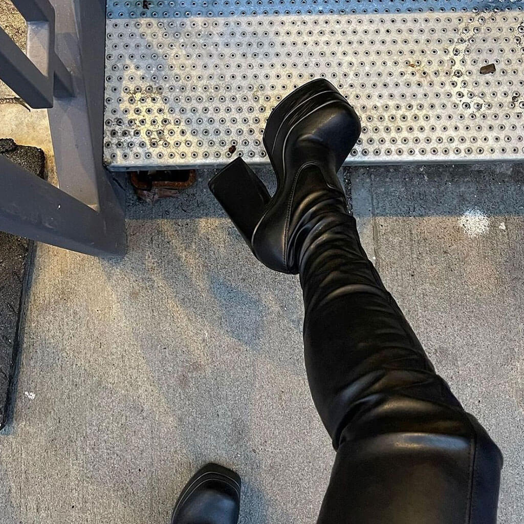 Botas sexis de tacón grueso con plataforma y punta cuadrada por encima de la rodilla - Negras