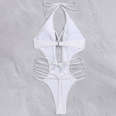 Strukturierter Cutout-Riemchen-Tanga mit tiefem V-Ausschnitt, brasilianischer Monokini-Badeanzug