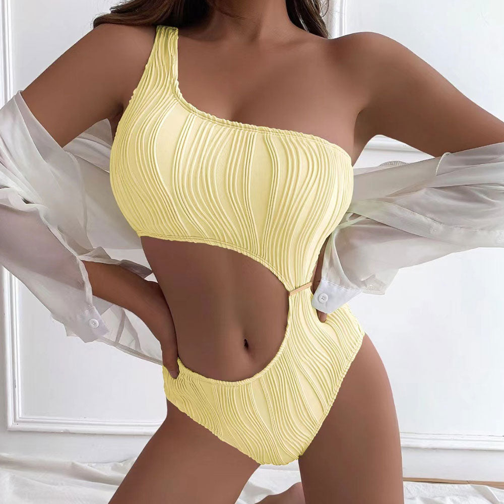 Textured Metallic Trim Cutout One Shoulder Brazilian One Piece Swimsuit