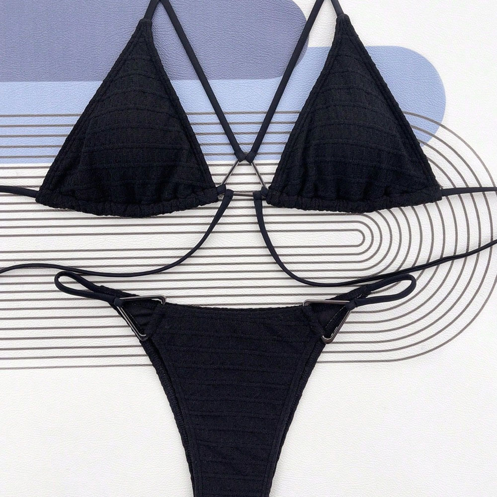 Textured String Wrap Cutout Triangle Brazilian Two Piece Bikini Swimsu
