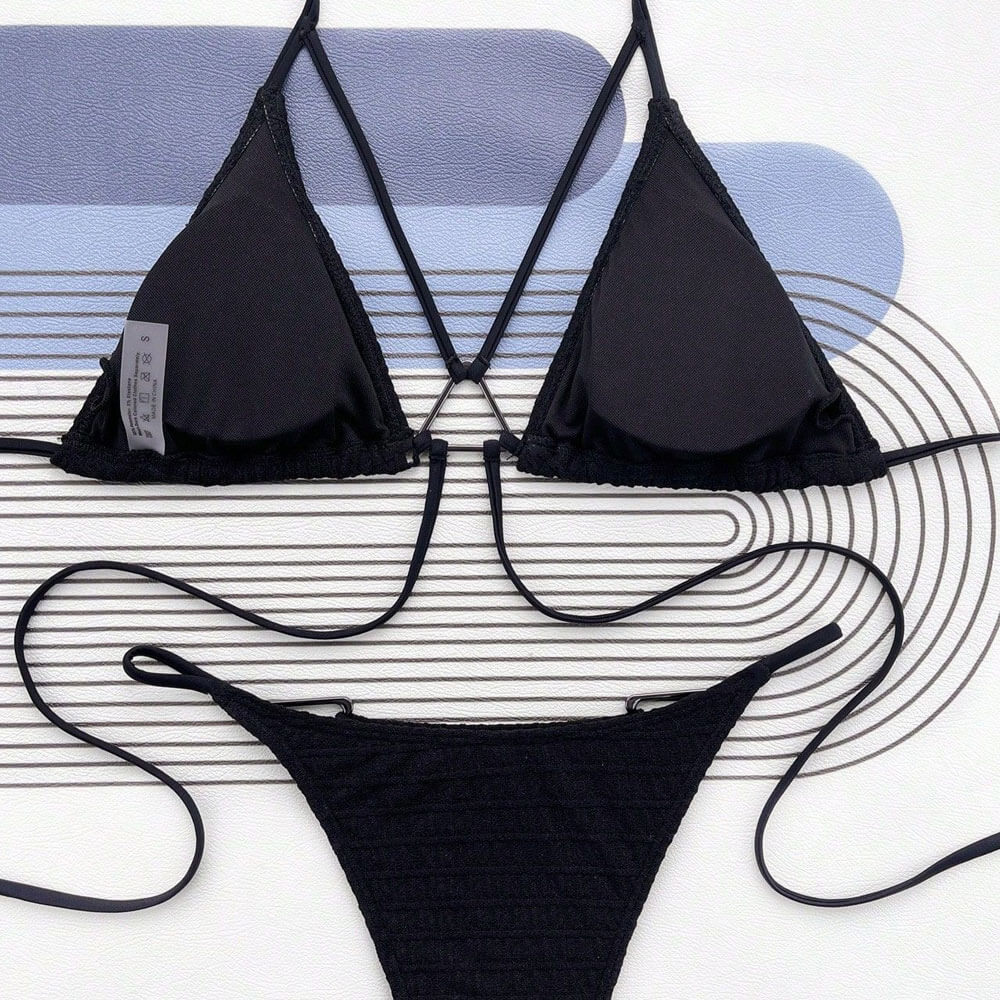 Textured String Wrap Cutout Triangle Brazilian Two Piece Bikini Swimsuit