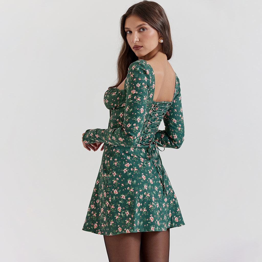 Sexy Tie Front Square Neck Lace Up Back Long Sleeve Floral Party Corset Mini Dress