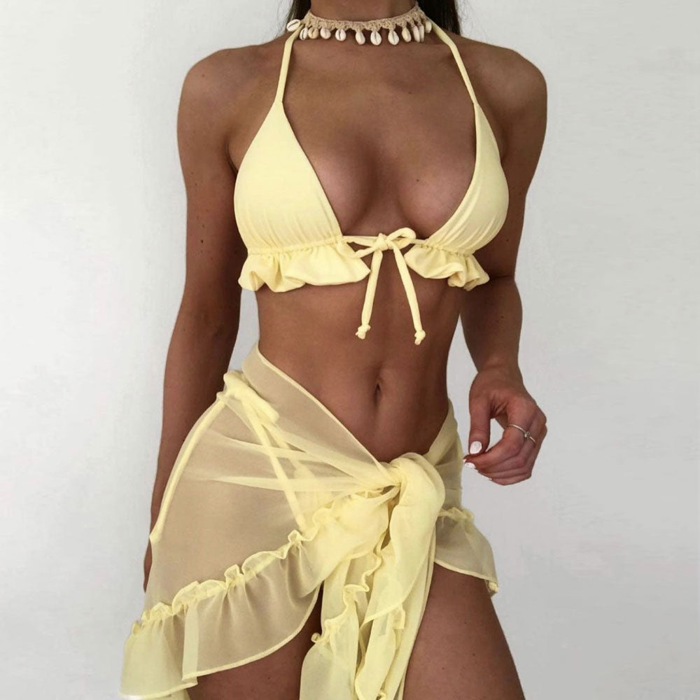 Tie String Ruffle Slide Triangle Brazilian Three Piece Bikini Swimsuit