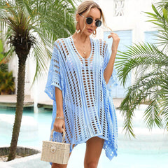 V Neck Split Open Knit Crochet Pullover Brazilian Beach Mini Cover Up Dress