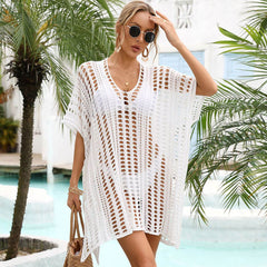 V Neck Split Open Knit Crochet Pullover Brazilian Beach Mini Cover Up Dress