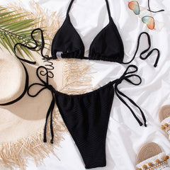 Wave Textured Tie Side Sliding Triangle Brazilian Two Piece Bikini Swimsuit