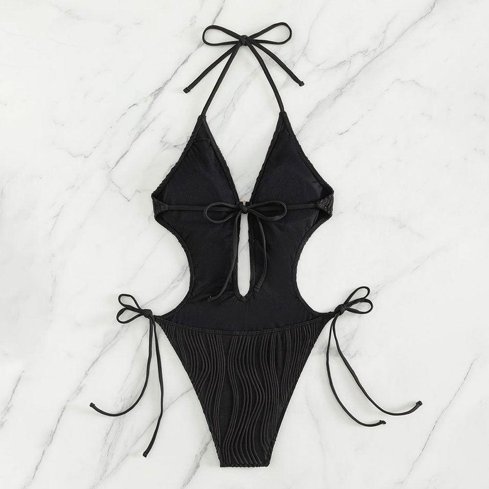 Wavy Low Back Tie String Halter Deep V Monokini Brazilian One Piece Swimsuit