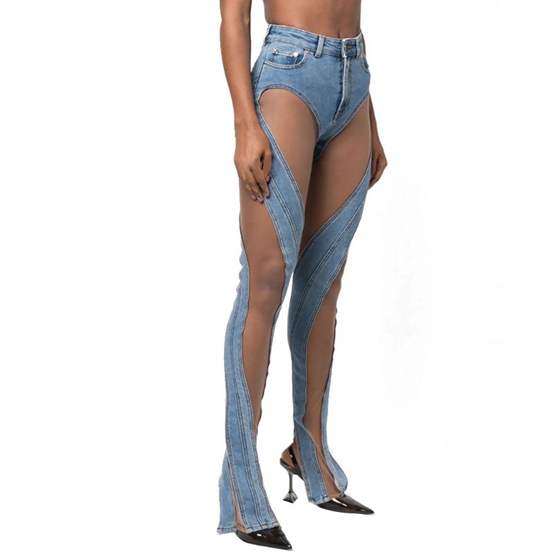 – Hoch sitzende Skinny-Jeans mit transparentem Netzeinsatz und Seitenschlitz - Blau