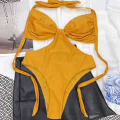 Shimmery High Cut Ruched Halter Monokini Brazilian One Piece Swimsuit