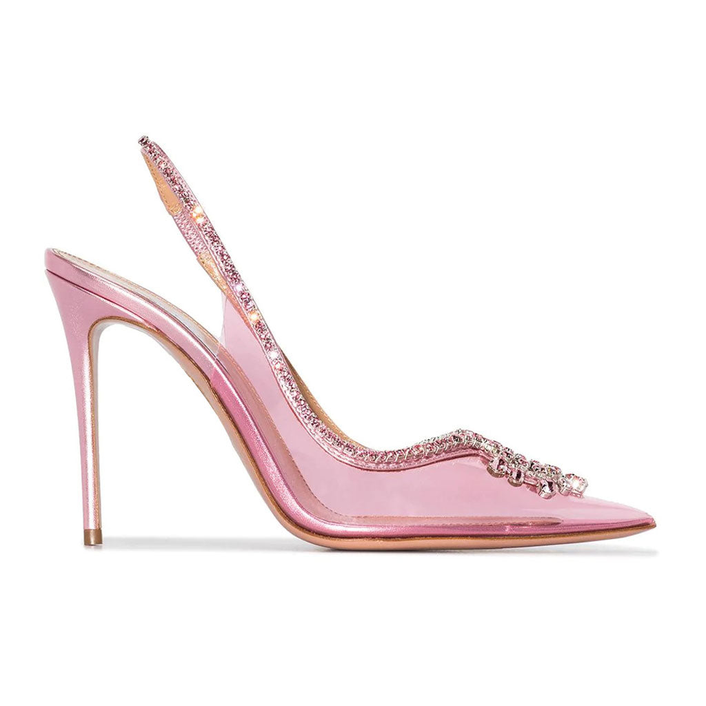 Zapatos de tacón de aguja de PVC con punta puntiaguda y detalle de cristal brillante - Rosa