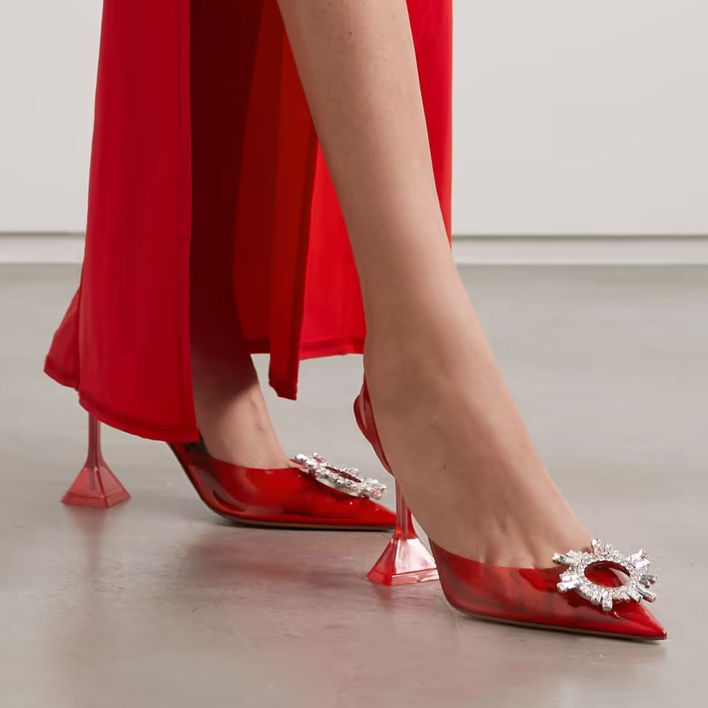 Slingback-Pumps mit transparentem Martini-Absatz und glänzendem Kristallverzierung - Rot