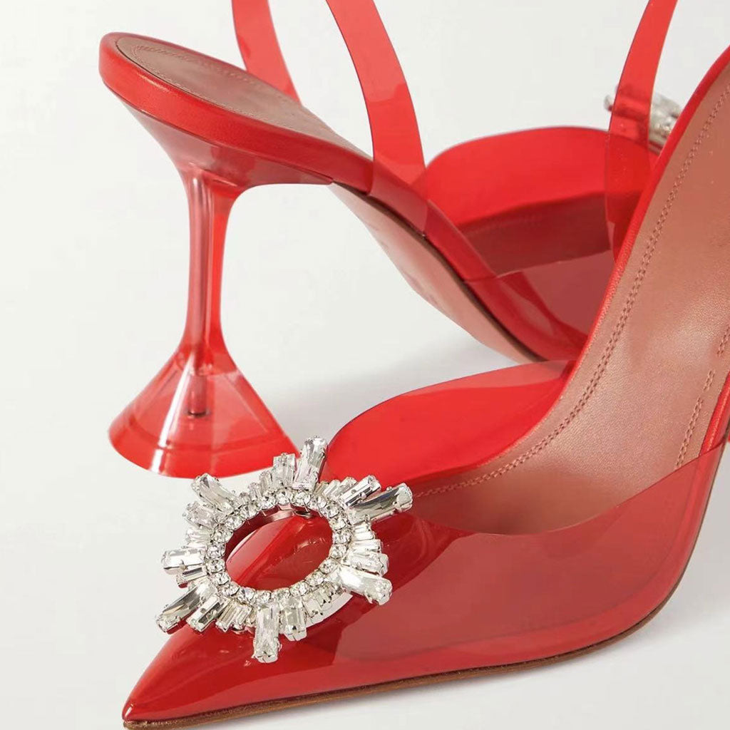 Shiny Crystal Embellished Clear Martini Heel Slingback Pumps - Red