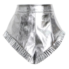 Shiny Ruffle Trim High Waist Vegan Leather Micro Booty Shorts