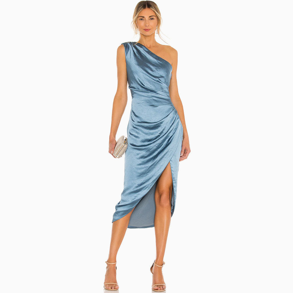 Silky High Slit Ruched One Shoulder Satin Cocktail Midi Dress - Blue