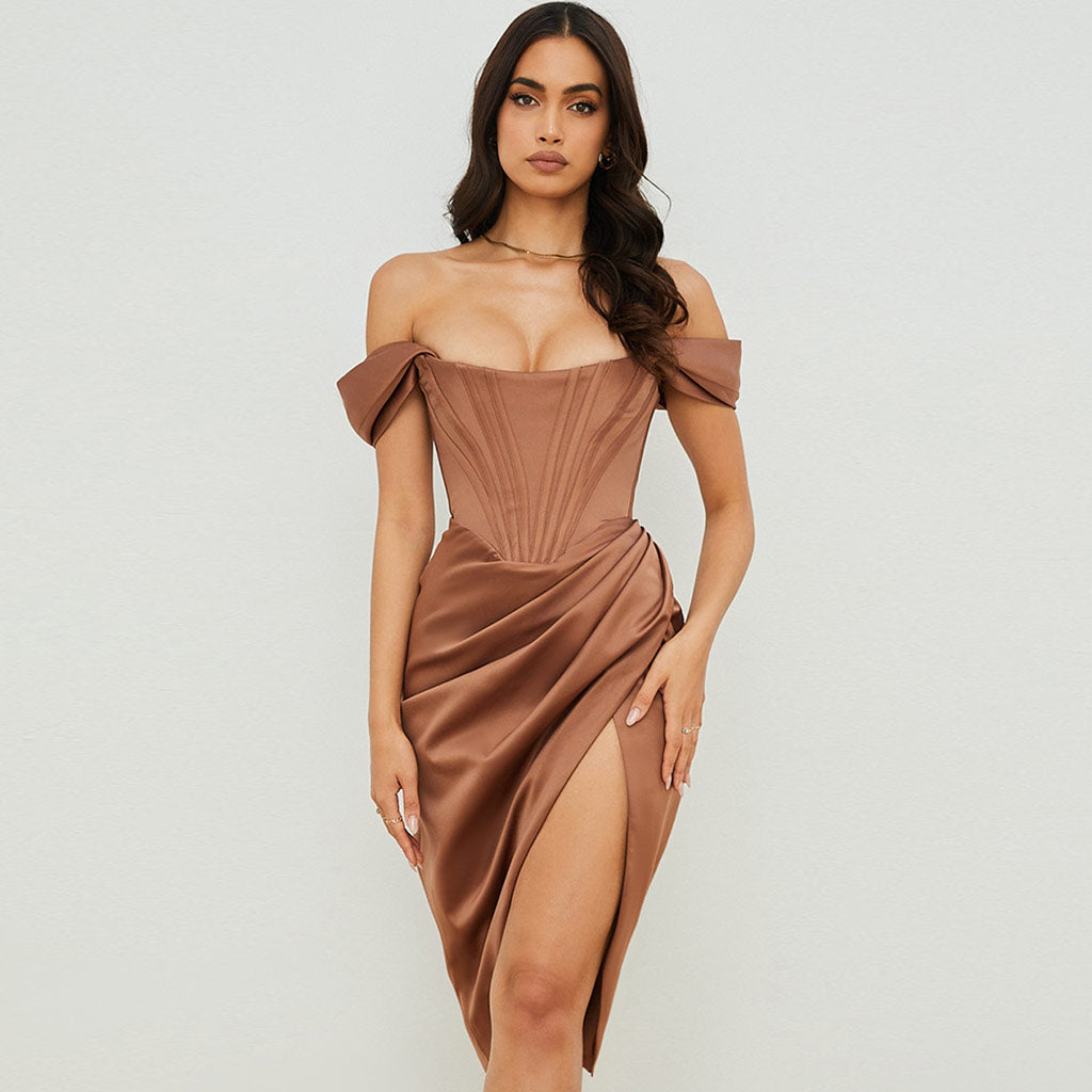 Silky Satin Off Shoulder High Slit Drape Corset Midi Dress - Coffee