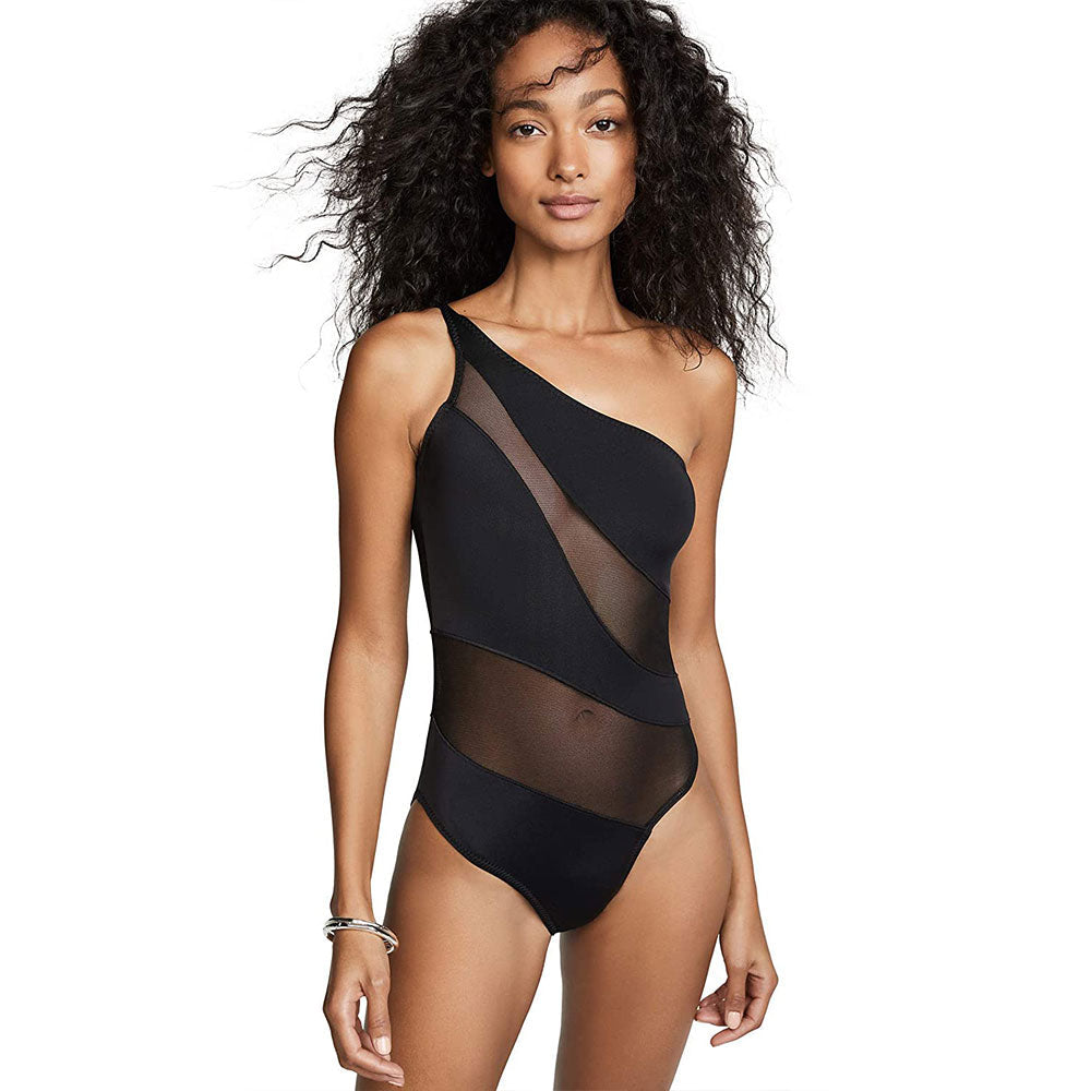 Simple One Shoulder Panel Mesh Brazilian One Piece Swimsuit