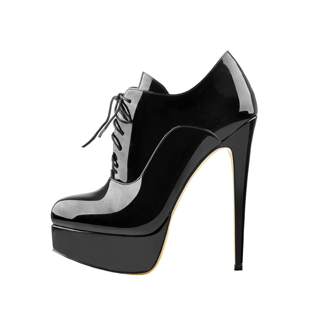 Tacones Oxford de aguja con plataforma y cordones de charol elegantes - Negro