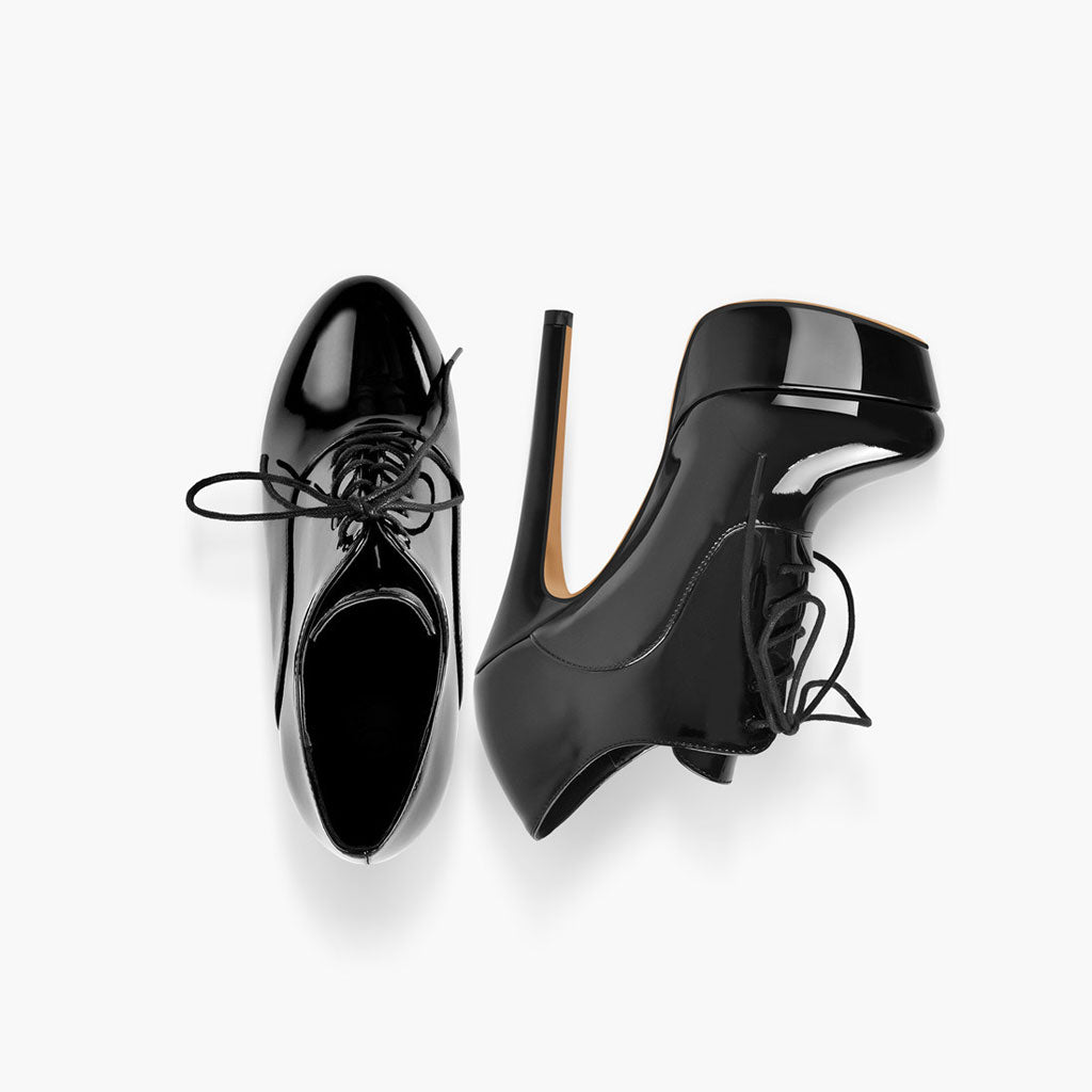 Tacones Oxford de aguja con plataforma y cordones de charol elegantes - Negro