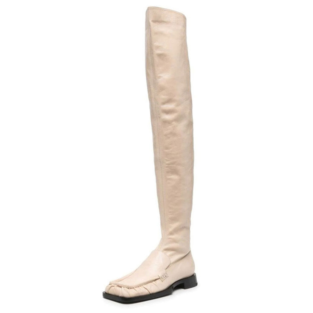 Botas elegantes de tacón bajo y grueso por encima de la rodilla con punta cuadrada - Beige