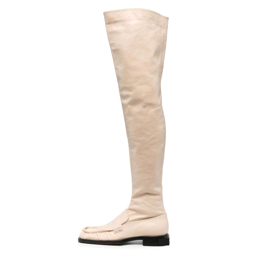 Sleek Square Toe Over Knee Chunky Low Heeled Boots - Beige