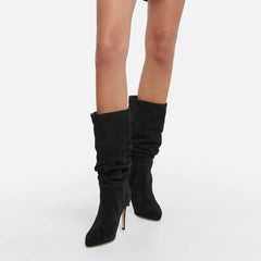 Slouchy Mid Calf Pointed Toe Stiletto Suede Boots - Black