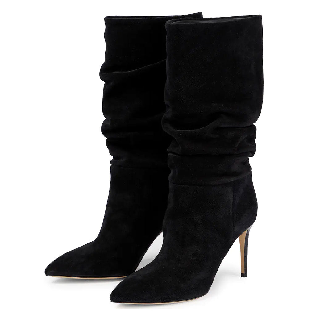 Slouchy Mid Calf Pointed Toe Stiletto Suede Boots - Black