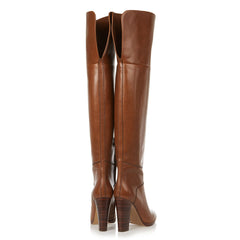 Slouchy Round Toe Block Heel Faux Leather Over Knee Boots - Brown