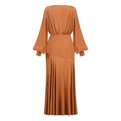 Snake Belted Fringe Bishop Sleeve Plunge Neck High Split Maxi Evening Dress