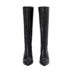 Kniehohe Stiletto-Stiefel aus Leder mit Schlangeneffekt und spitzer Zehenpartie - Schwarz