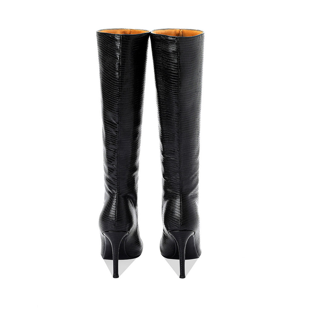 Kniehohe Stiletto-Stiefel aus Leder mit Schlangeneffekt und spitzer Zehenpartie - Schwarz