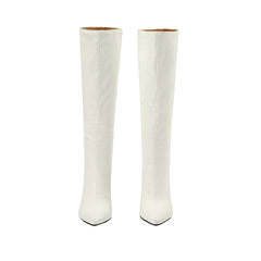 Kniehohe Stiletto-Stiefel aus Leder mit Schlangeneffekt und spitzer Zehenpartie - Off White