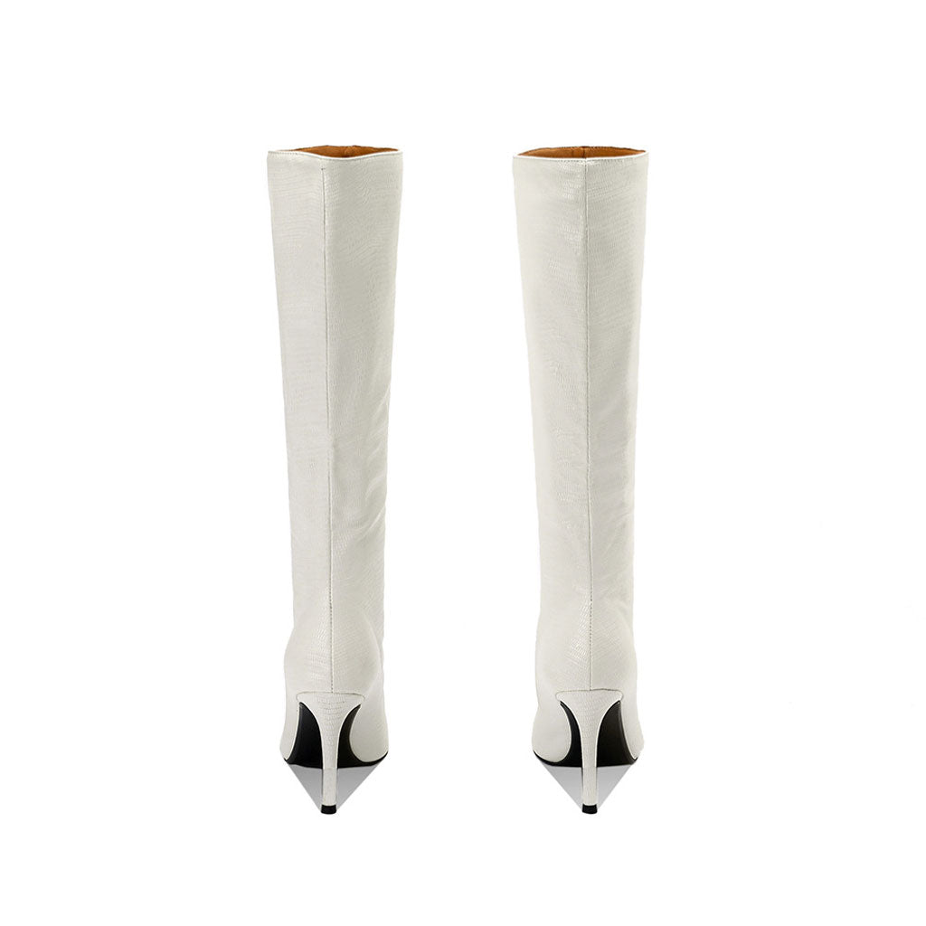 Kniehohe Stiletto-Stiefel aus Leder mit Schlangeneffekt und spitzer Zehenpartie - Off White