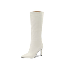 Kniehohe Stiletto-Stiefel aus Leder mit Schlangeneffekt und spitzer Zehenpartie - Off White