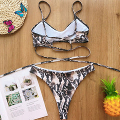 Snake Print High Cut Lace Up Bralette Brazilian Two Piece Bikini Swimsuit