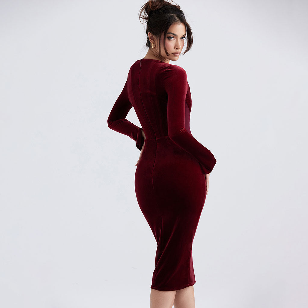 Sophisticated Lace Trim Square Neck Long Sleeve Bodycon Velvet Corset Midi Dress