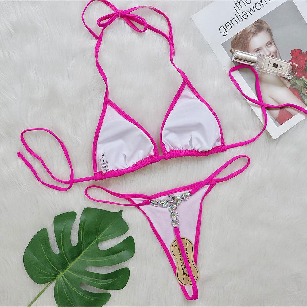 Mocro String Sparkling Crystal String Thong Slide Triangle Brazilian Two Piece Biki