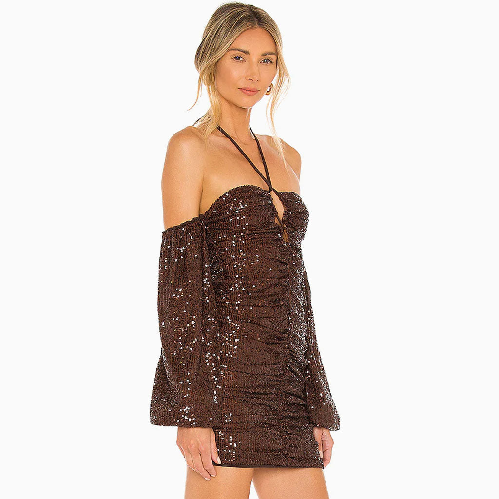 Sparkly Balloon Sleeve Halter Neck Sequin Mini Dress - Coffee