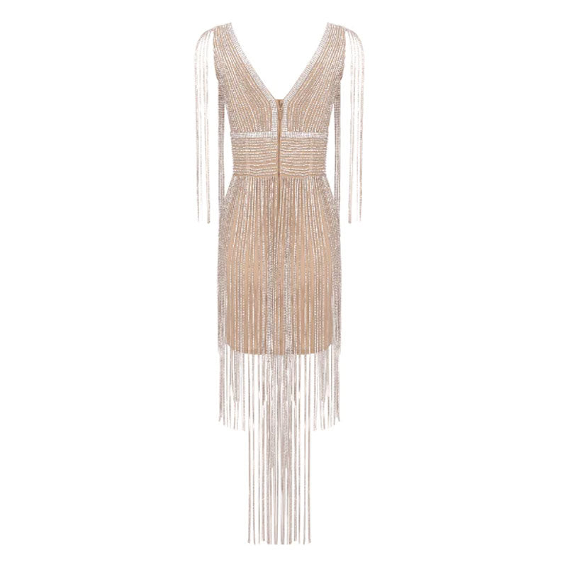 Sparkly Crystal Detail Deep V Neck Sleeveless Bodycon Fringe Mini Party Dress