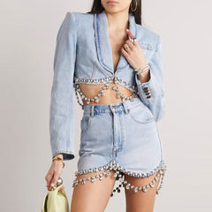 Sparkly Crystal Embellished High Waist Light Blue Bodycon Mini Denim Skirt