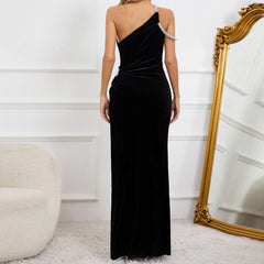 Sparkly Crystal One Shoulder Cutout High Split Velvet Maxi Evening Dress