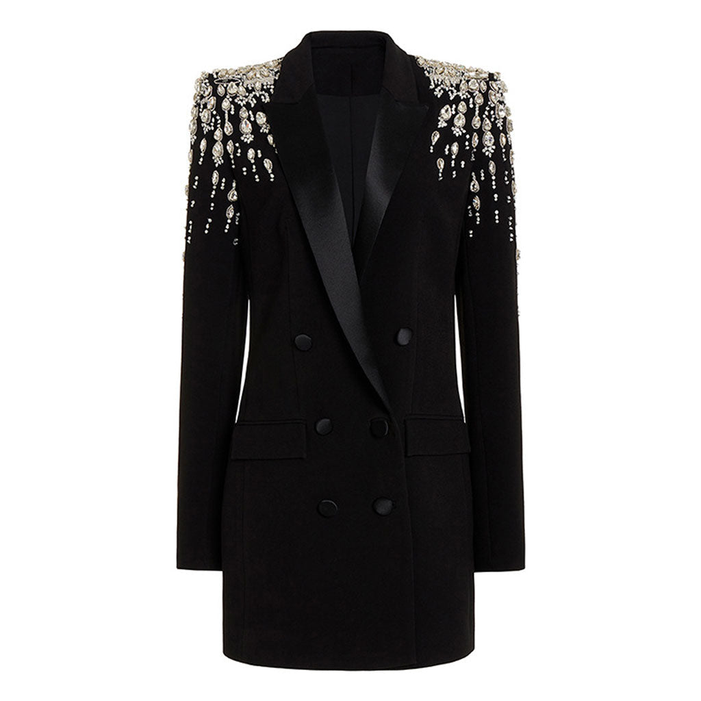 Sparkly Crystal Padded Sleeve Satin Peak Lapel Double Breasted Long Tailored Blazer