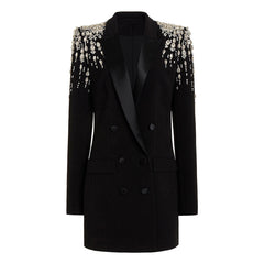 Sparkly Crystal Padded Sleeve Satin Peak Lapel Double Breasted Long Tailored Blazer