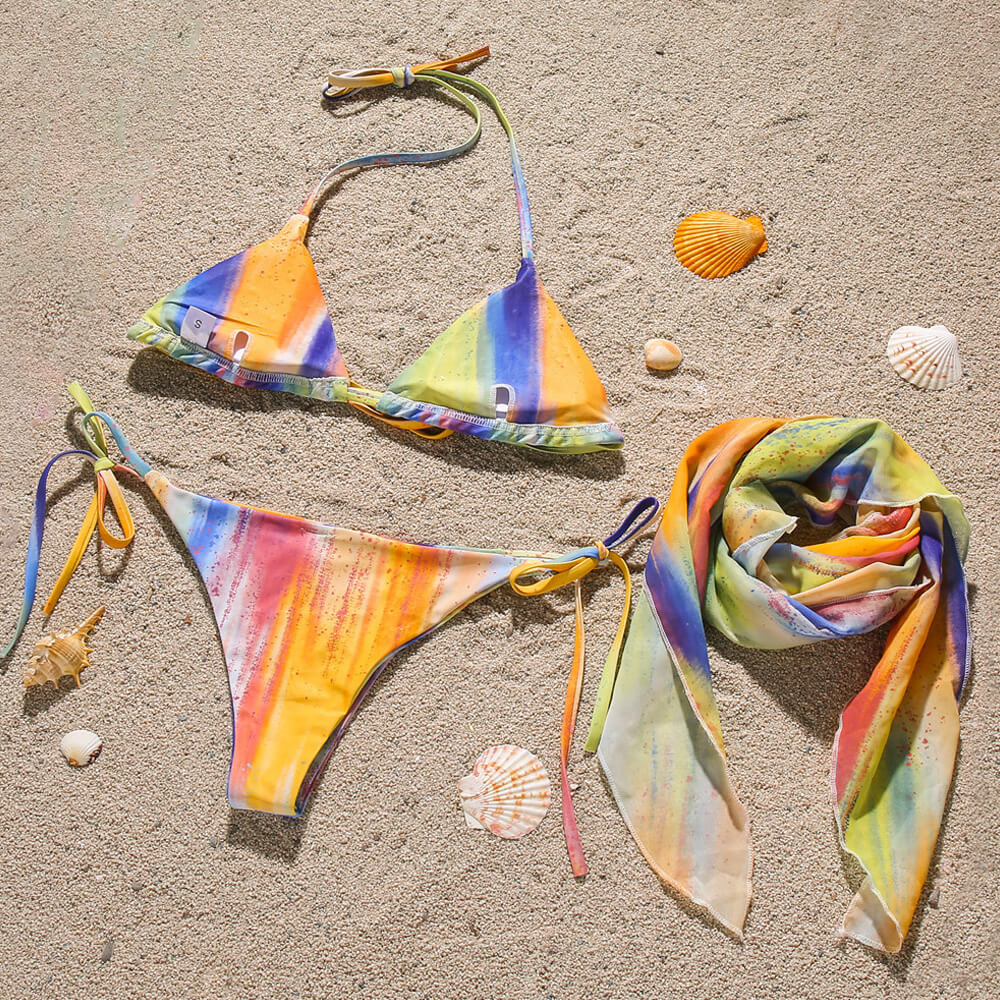 Sparkly Crystal Tie Dye Tie String Triangle Brazilian Three Piece Bikini Swimsuit